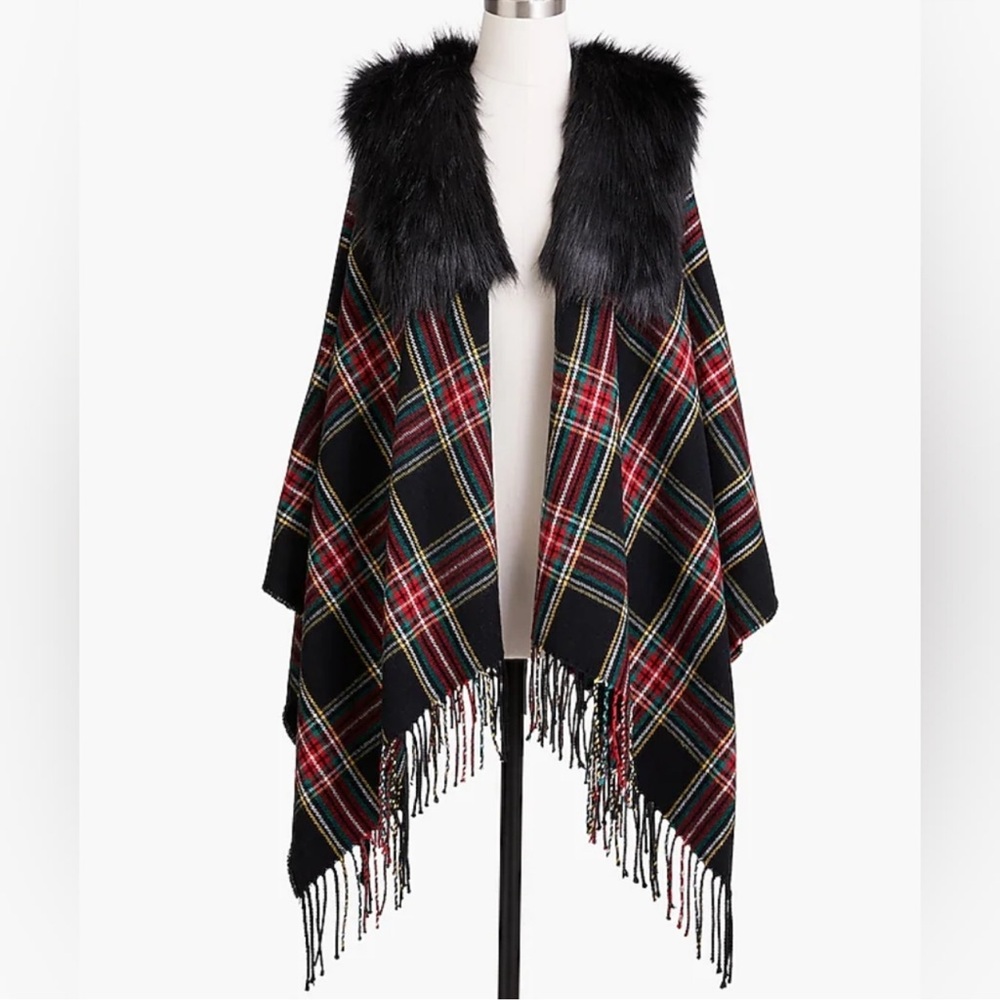 J. Crew Black Plaid Wrap with Faux Fur Collar